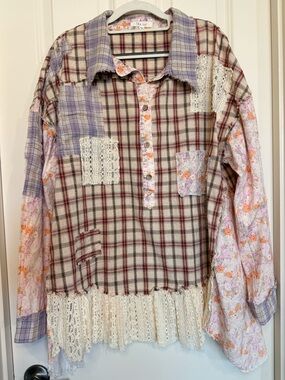 Oli & Hali 100% Cotton Lavender Plaid Patchwork Lace-Trim Blouse